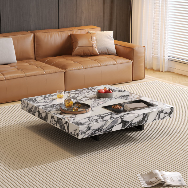 Briamarie 39.37'' Luxury Sintered Stone Square Coffee Table,Center Table with Stainless Steel Feet, White/Black