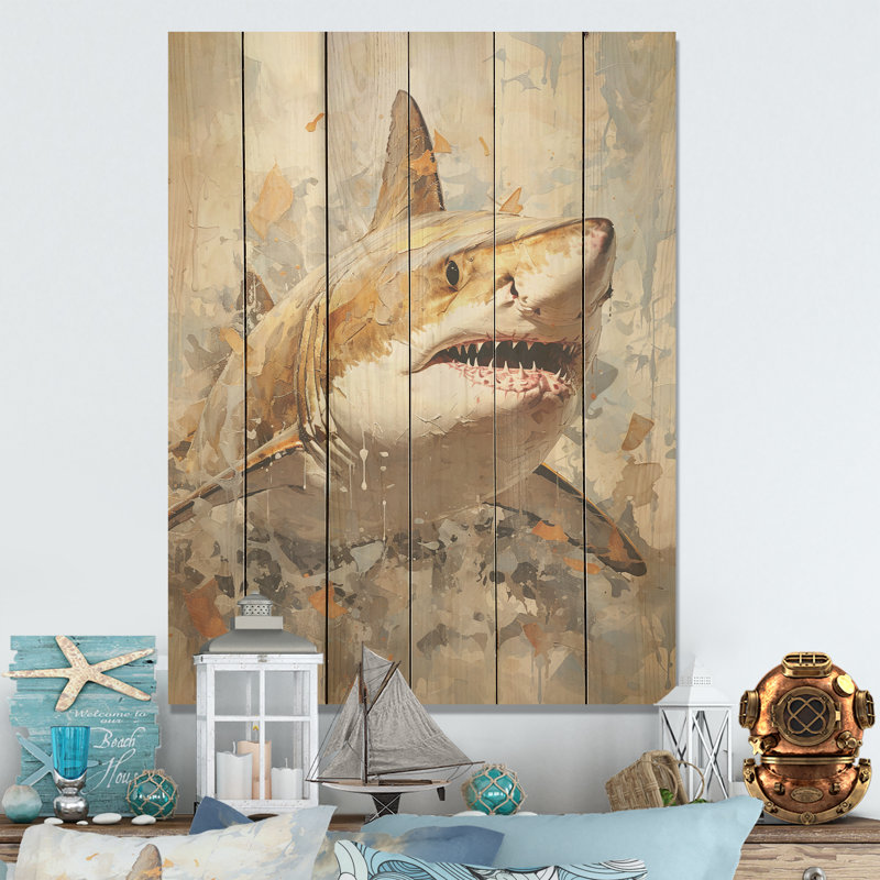 Peinture de requin minimalisme en beige doré I - art en bois de requin sur bois de pin naturel, H 32 po x l 24 po