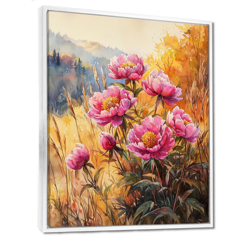 Pivoines à l'automne Hillside II - pivoines, art mural encadré, H 40 po x l 30 po, Reproduction avec cadre flottant, Blanc