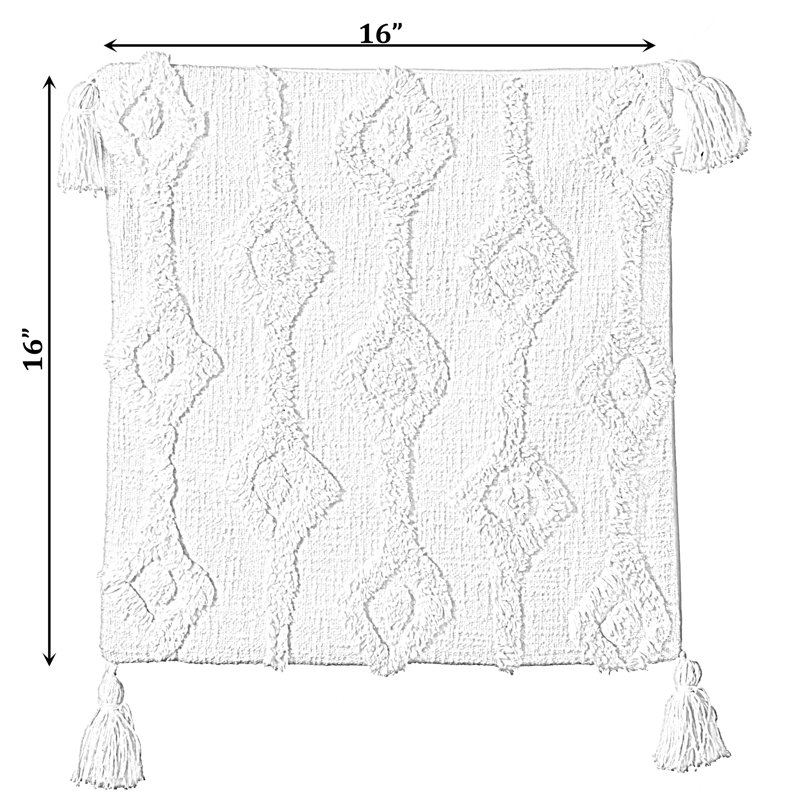 Handwoven Bohemian Tufted Cotton 17" Pillow Cover with Tassel Corners, White