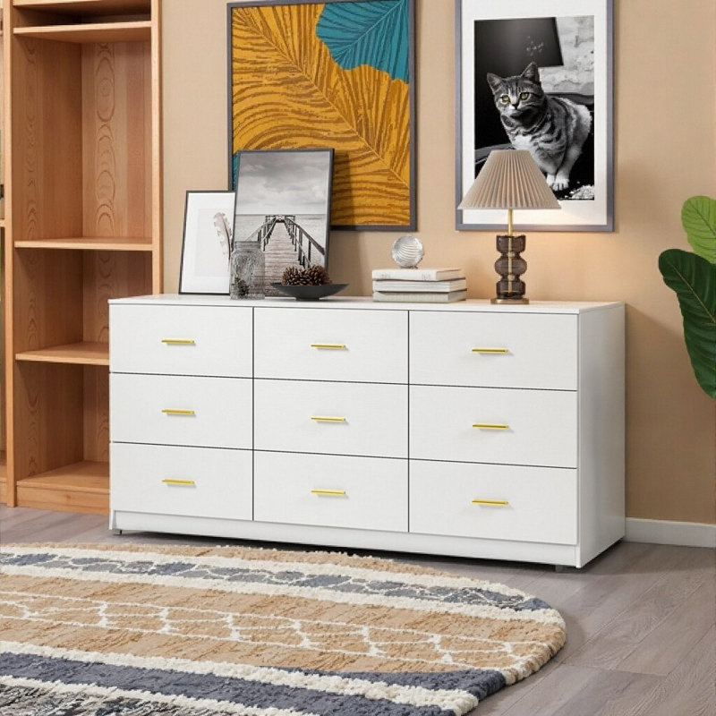 Elegant 9-Drawer Dresser - Modern Storage Cabinet with Gold-Toned Handles & Waterproof Finish, White