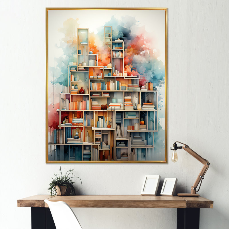 Impression sur toile, bibliothèque colorée, minimalisme minimaliste - Bâtiments et paysages urbains, Cadre flottant doré