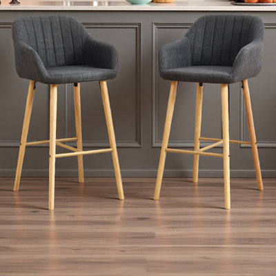 Modern Bar Stools Set Of 2, Kitchen Island Tall Chairs With Back, Arm, Footrest And Solid Wood Leg, Linen Fabric Upholstered Bar Stools