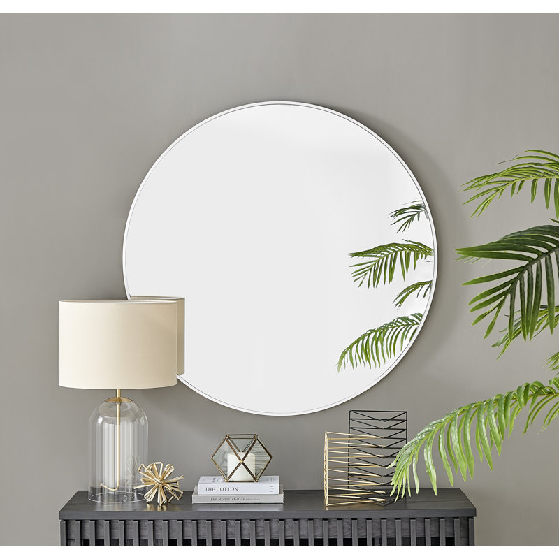 Round Metal Frame Wall Mirror Simple and Elegant Modern Design, White, 100cm H x 100cm W