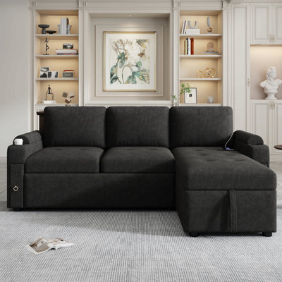 Canapé modulaire en L de 83,5 po avec canapé en L et canapé-lit avec amplement d'espace de rangement, deux porte-gobelets et deux ports USB pour le salon