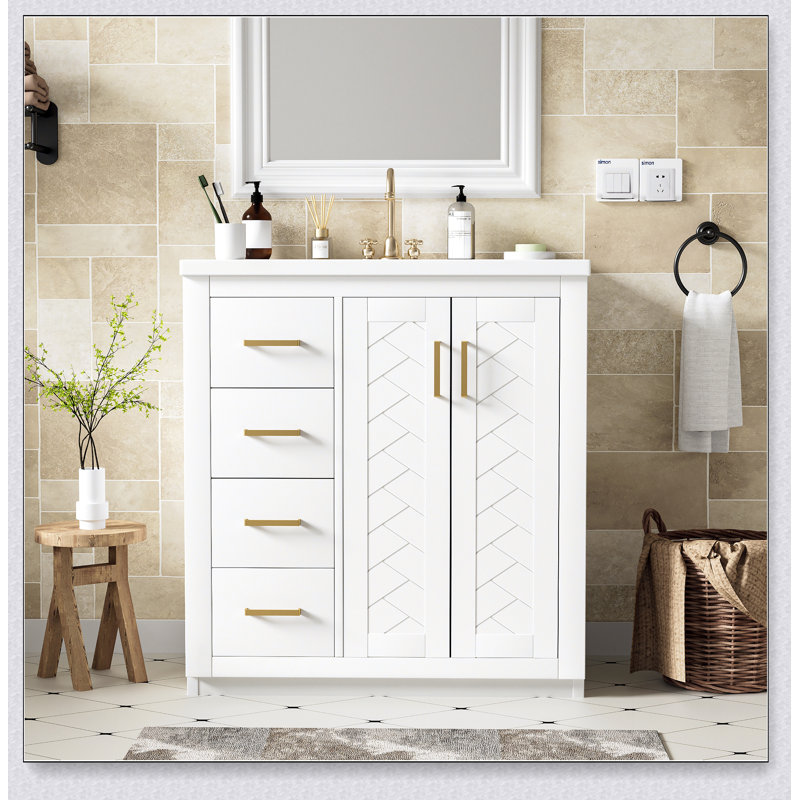 Ensemble de meuble-lavabo 30 po avec lavabo en céramique, armoire de rangement en bois massif, ensemble de meuble-lavabo autoportant avec 3 tiroirs et portes à fermeture douce