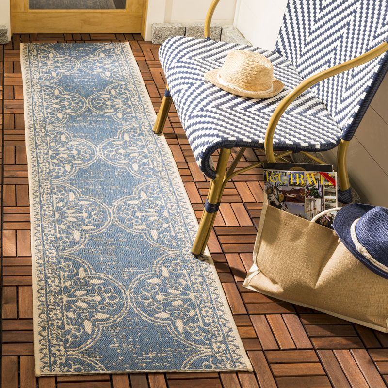 Danya Southwestern Cream/Blue Indoor/Outdoor Area Rug, Runner 2'2" x 8'