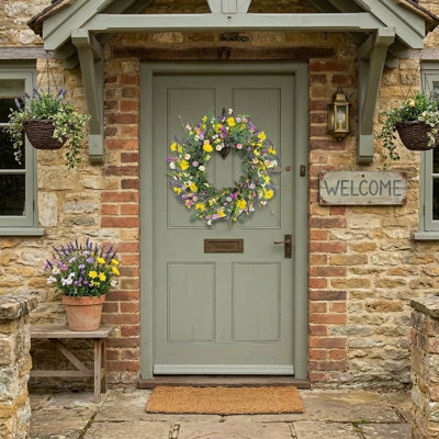 Couronne de 22 pouces printemps été, couronne de marguerite artificielle en eucalyptus lavande, ornement de fête à la maison pour Pâques, décoration de porte d'entrée intérieure extérieure