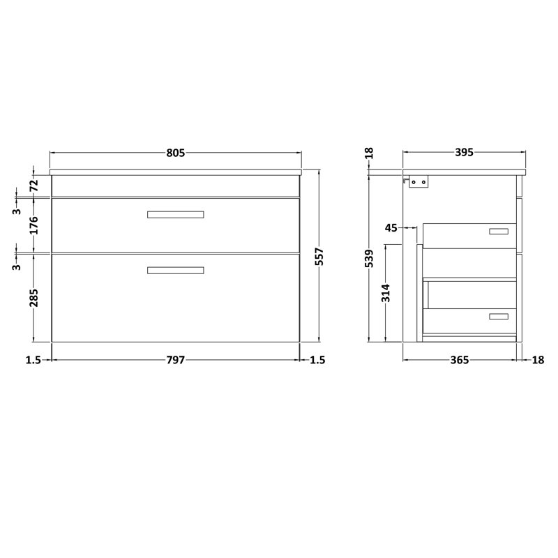Athena 805mm Single Bathroom Vanity with Integrated Vitreous China Basin, Charcoal Black