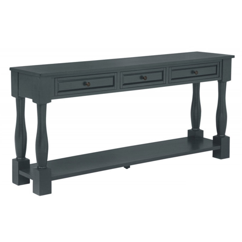 Console de 63 po de long avec tiroirs et tablette pour hall d'entrée, couloir, salon, table en bois d'acacia, bleu marine