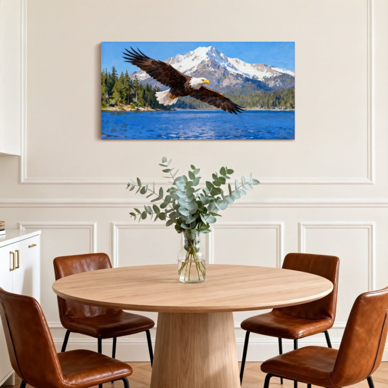 Animals Bald Eagle Soaring Over Mountain Lake, 16" H x 32" W