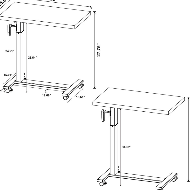 Hauteur de la chambre à coucher à hauteur réglable, plateau en manguier de 28 pouces, réglable de 27 à 39 pouces, manivelle lisse pour un positionnement personnalisé, base mobile pour chambre à coucher, finition, hauteur réglable en pouces, facile à modifier,