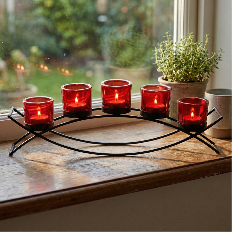 Iron Arch Candle Holder Table Centerpiece, Black/Red