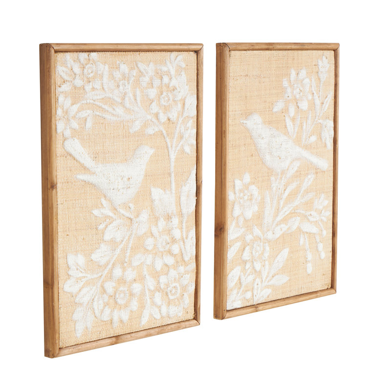 Ensemble de décoration murale oiseau en bois brun avec motifs floraux peints en blanc
