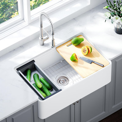33"L x 20" W Ceramic Single Bowl Farmhouse Kitchen Sink Workstation With Accessories