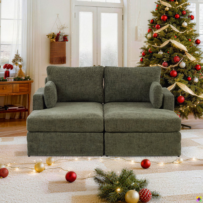 Méridienne en chenille de 63,4 po de large Braidon, coussin de dossier renforcé, Vert marine