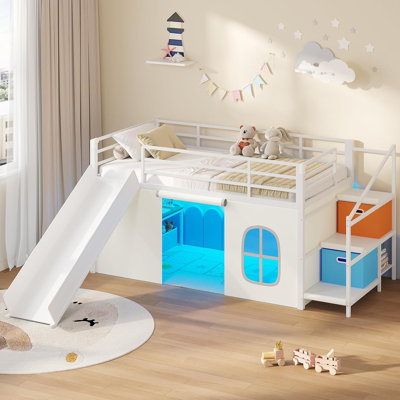 Lit mezzanine bas avec glissade, lumières à DEL et espace de jeu sous le lit, structure de lit mezzanine en métal avec 2 tiroirs, escalier de rangement, rideau de jeu et barrière de sécurité, lits simples pour adolescent, noir
