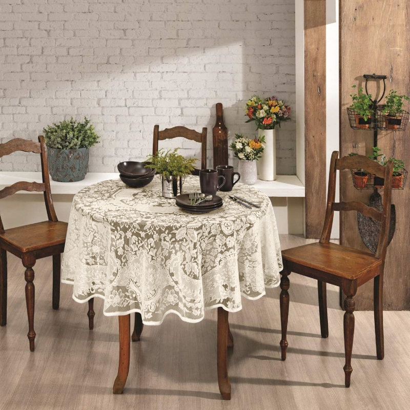 AdonisUSA 60 inch Round Lace Tablecloth with Floral Design – Elegant Machine Washable Table Linen, Creme