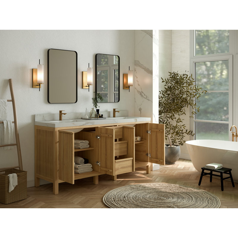 72'' Light Natural Teak Double Sink Bathroom Vanity with Quartz Top