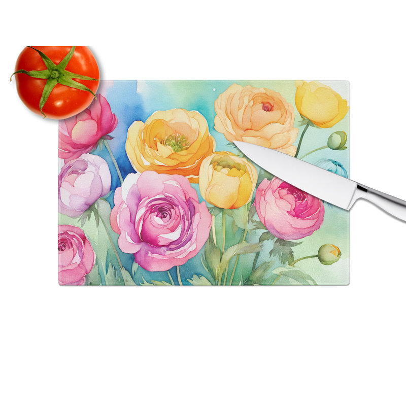 Renoncule dans une grande planche à découper en verre aquarelle