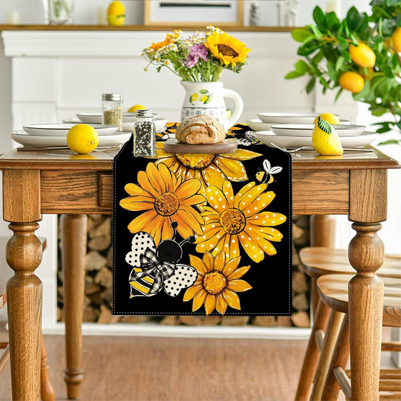 Table Runner - Yellow, Sunflower & Bee Floral, Spring & Summer Table Décor