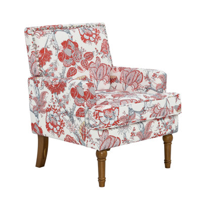 Chaise d'appoint florale avec garniture cloutée - Fauteuil rembourré rouge et blanc, pieds en bois massif, chaise d'appoint de style campagnard pour le salon