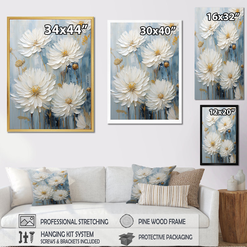 «White and Blue Chrysanthemums III» sur impression sur toile, Cadre flottant doré, H 44 po x l 34 po x P 1,5 po