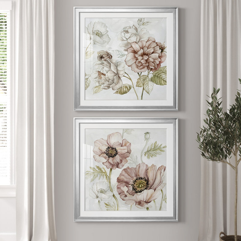«Washed Botanical III», ensemble de 2 reproductions d'art encadrées, Blanc, Papier avec cadre argenté