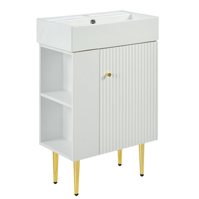 Meuble-lavabo blanc de 21,6 po avec lavabo en céramique et meuble de rangement du côté gauche, avec porte à fermeture en douceur, rangement spacieux, attrait moderne en blanc, lavabo, porte pour une atmosphère sereine,