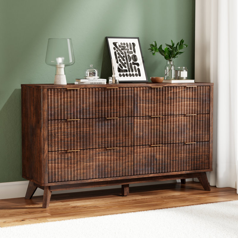 Commode 6 tiroirs avec plateau en faux marbre et design incurvé, Noyer foncé