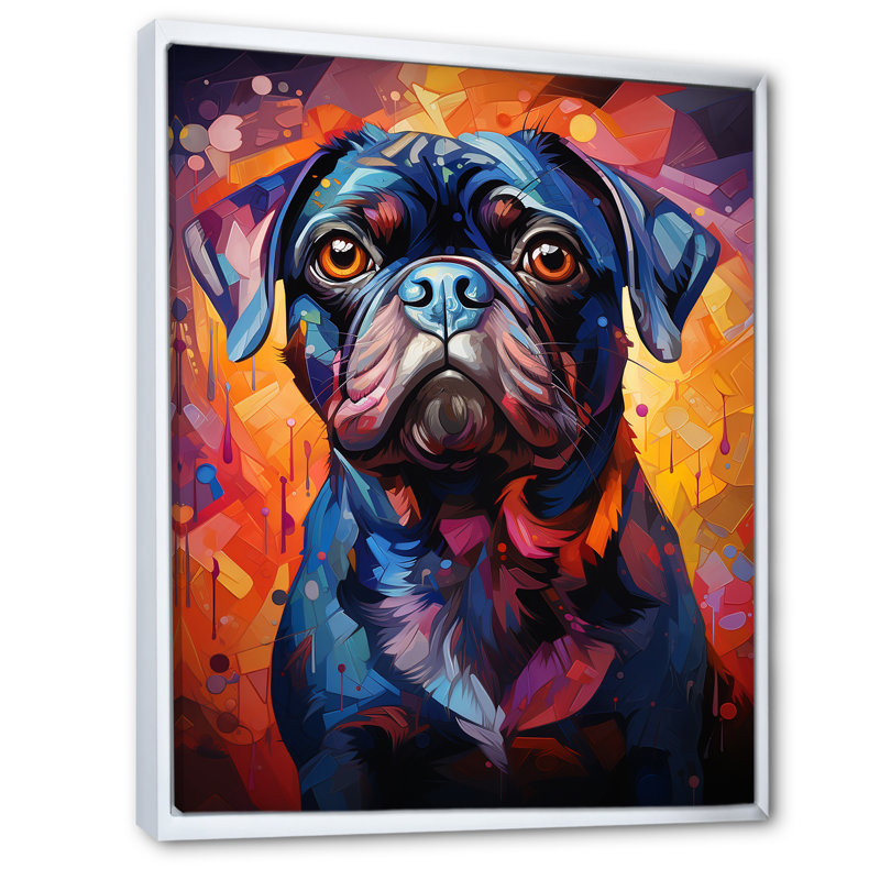 Popart Pug Parade VI sur toile, Cadre flottant blanc, H 40 po x l 30 po x P 1,5 po