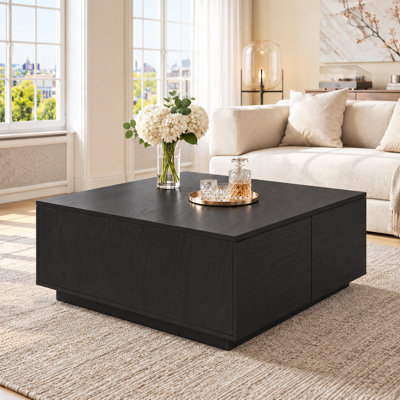Table basse carrée à 4 tiroirs avec rangement en bois, de style Mid-Century moderne, de fabrication robuste, noire