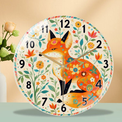 Colorful Fox Wall Clock with Floral Design Art - 12'' Modern Glass Wall Clock