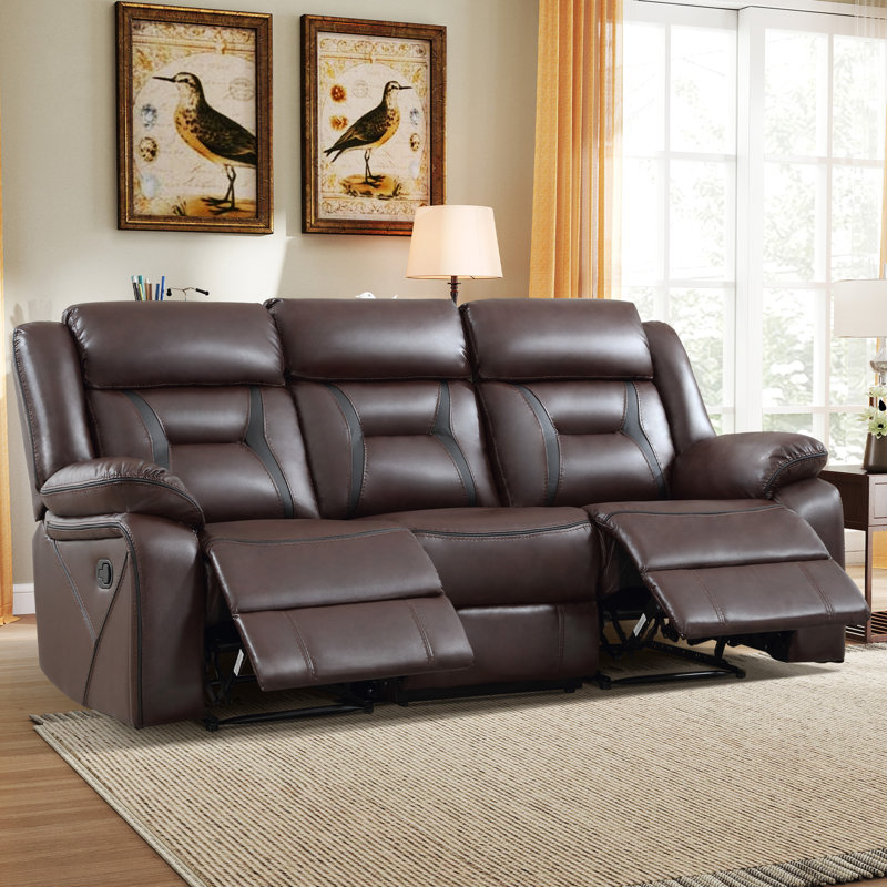 84.6'' Wide Vegan Leather Manual Reclining Sofa, 3-Seater Recliner Couch With Pillow Top Arm, Brown Faux Leather