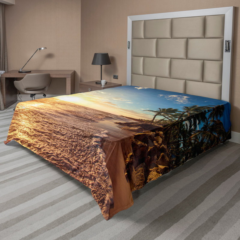 Ambesonne, paysage, drap plat, palmiers sur la plage, calme, bleu, jaune, brun, Drap plat pour très grand lit californien