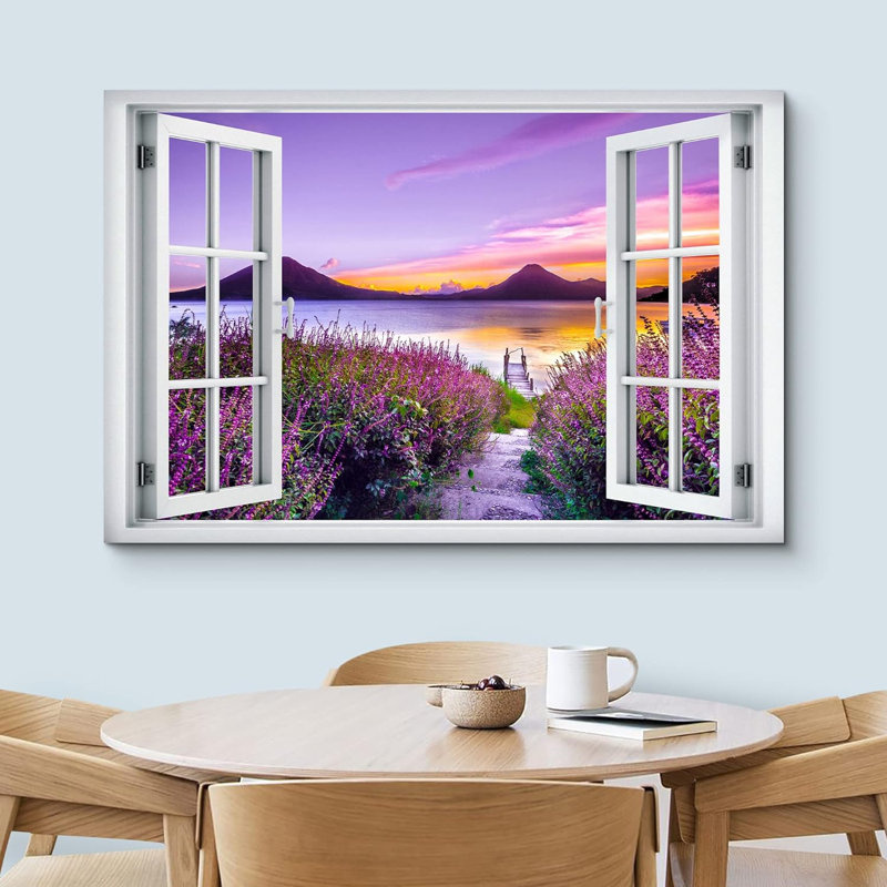 Fenêtre de paysage «Window View Purple Sunset Cloud Sky Lavender Flower Nature Scenic Landscape» sur toile, H 16 po x l 24 po