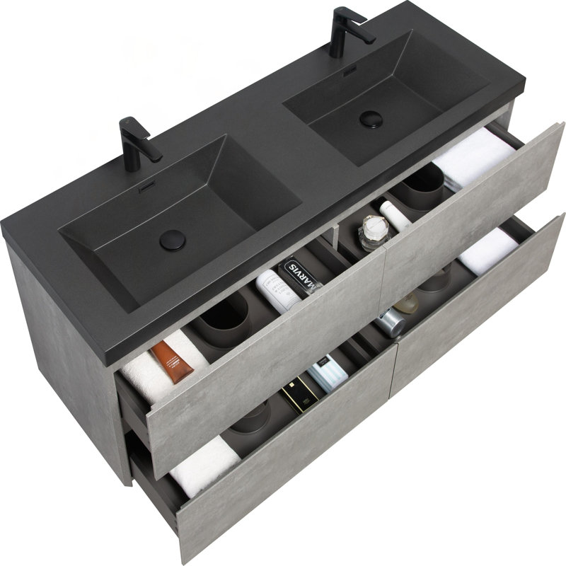 Meuble-lavabo flottant mural de 60 pouces avec deux lavabos en quartz, tiroirs à fermeture en douceur et finition gris ciment