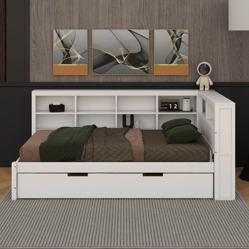 Modern L-Shaped Storage Daybed (Wooden) – Platform Frame With Twin Trundle, Shelves & USB Charging Station | No Box Spring Required (For Girls, Boys, Teens)