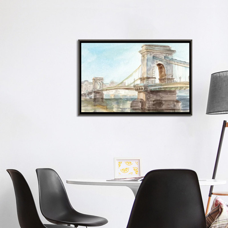 « Iconic Watercolor Bridge I » par Ethan Harper, reproduction d’art, H 26 po x l 40 po x 1,5 po, Toile avec cadre gris foncé