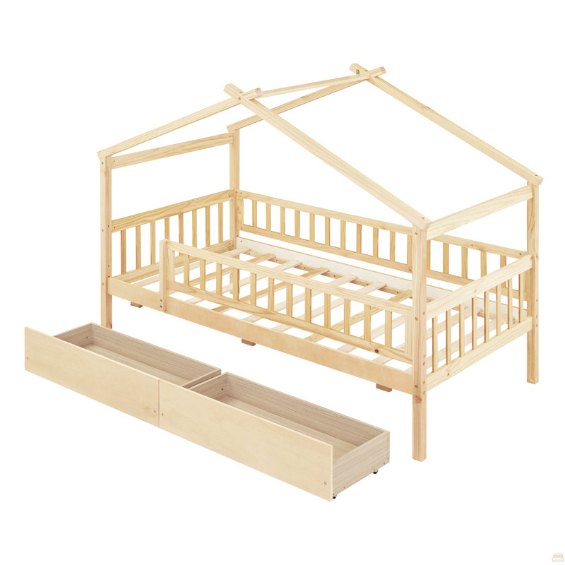 Lit simple en bois avec deux tiroirs, Naturel