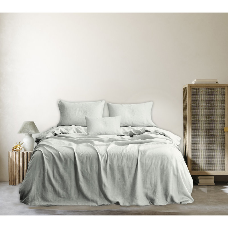 Ensemble de housse de couette en lin 3 pièces , Brume, Housse de couette simple TG + 1 taie d'oreiller st