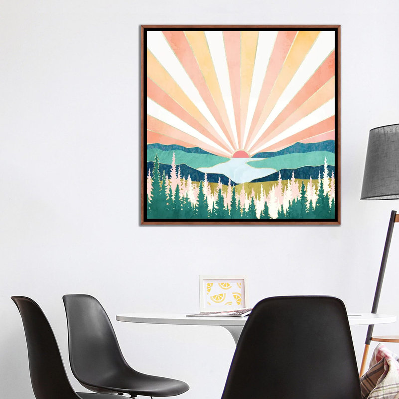 Coucher de soleil d'été - impression, 37" H x 37" W x 1.5" D, Aucun mat, Toile avec cadre en bois brun classique