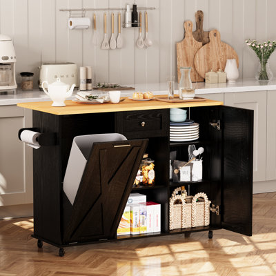 Îlot de cuisine de 122 cm avec abattant, armoire à poubelle basculante, chariot de rangement à roulettes avec roues verrouillables et étagères réglables