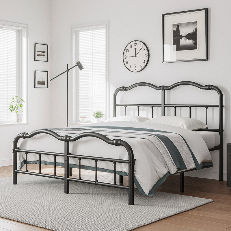 Amylia Double Wave Headboard and Footboard Heavy Duty Anti-sway 14in High Steel Tube Iron Bed with Storage, Queen