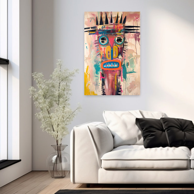 Visage graffiti coloré abstrait, art mural contemporain, H 36 po x l 24 po