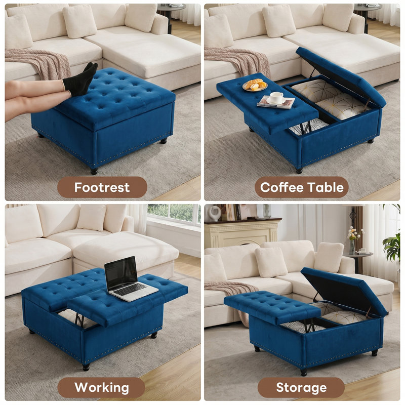 Delmontez 35.5'' Upholstered Storage Square Ottoman, Blue Velvet