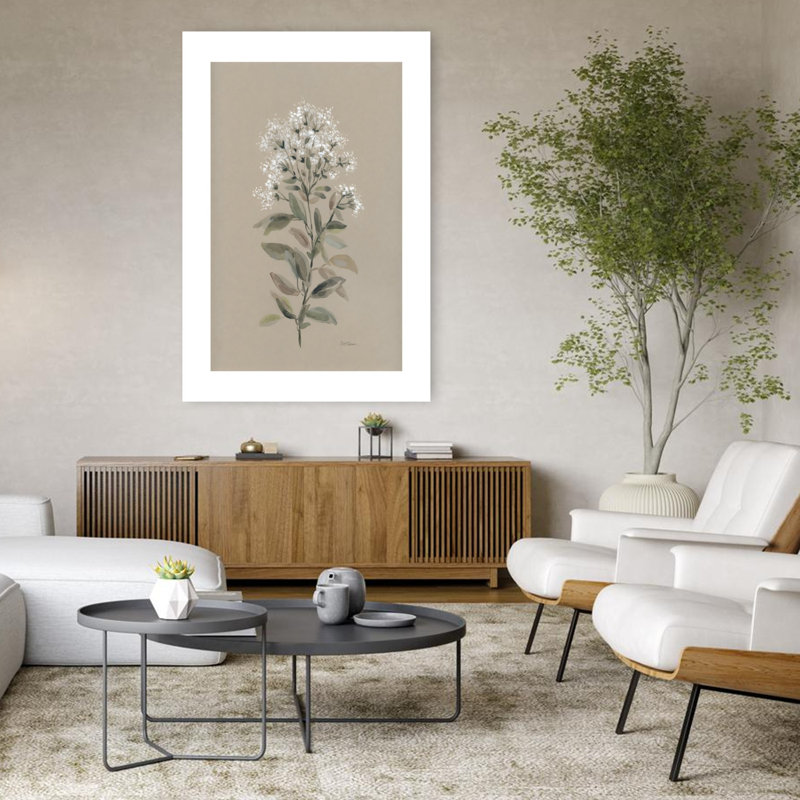 «White Floral Stem I Delicate Elegant Minimalist Nature Plant», art mural, H 48 po x l 32 po