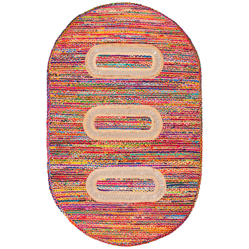 Braided Hand Woven Cotton/Jute Southwestern Rug in Red, Oval 6' x 9'