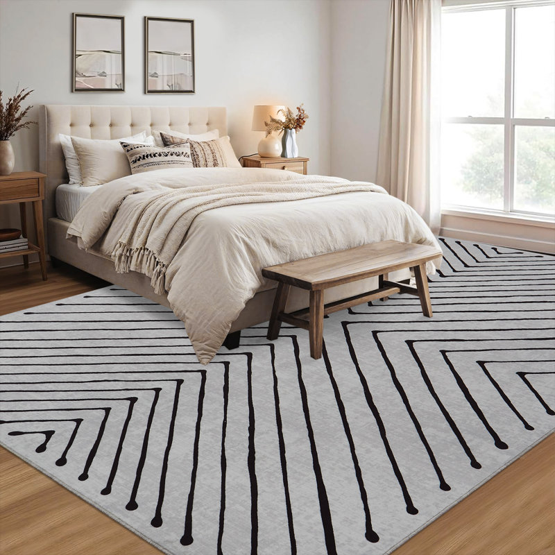 Geometric Machine Washable Rug Abstract Non Slip Living Room Rug Low Pile Thin Rug, Contemporary Neutral Rug, Non Shedding Soft Rug for Bedroom