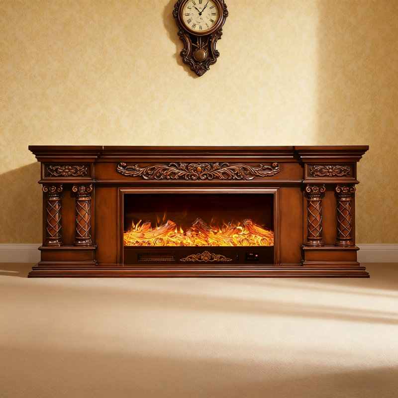 Meuble télé 70 po avec lumière de style européen luxueux, option bicolore blanc / brun, foyer en bois de chêne massif avec fonction de chauffage à flamme simulée